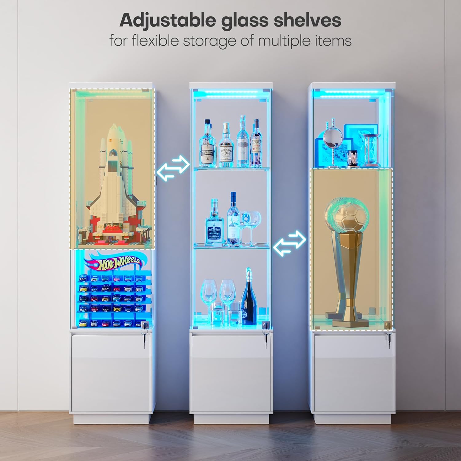 WOOVIVS 64.9" Glass Display Cabinet with Lock & 3-Color LED Lights, Tempered Glass Curio Cabinet with Mirror Back, Tall Display Shelf for Collectibles, Memorabilia (White)