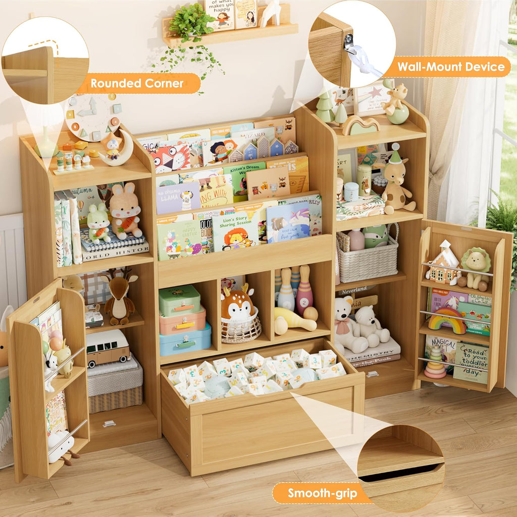 FOTOSOK Toy Storage Organizer with 2 Doors and Movable Drawer, 55.2'' W Toy Organizers and Storage with 9 Cubbies, Kids Bookshelf with Toy Shelf, Playroom Storage Toy Chest Cabinet for Playroom