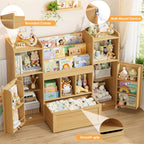 FOTOSOK Toy Storage Organizer with 2 Doors and Movable Drawer, 55.2'' W Toy Organizers and Storage with 9 Cubbies, Kids Bookshelf with Toy Shelf, Playroom Storage Toy Chest Cabinet for Playroom