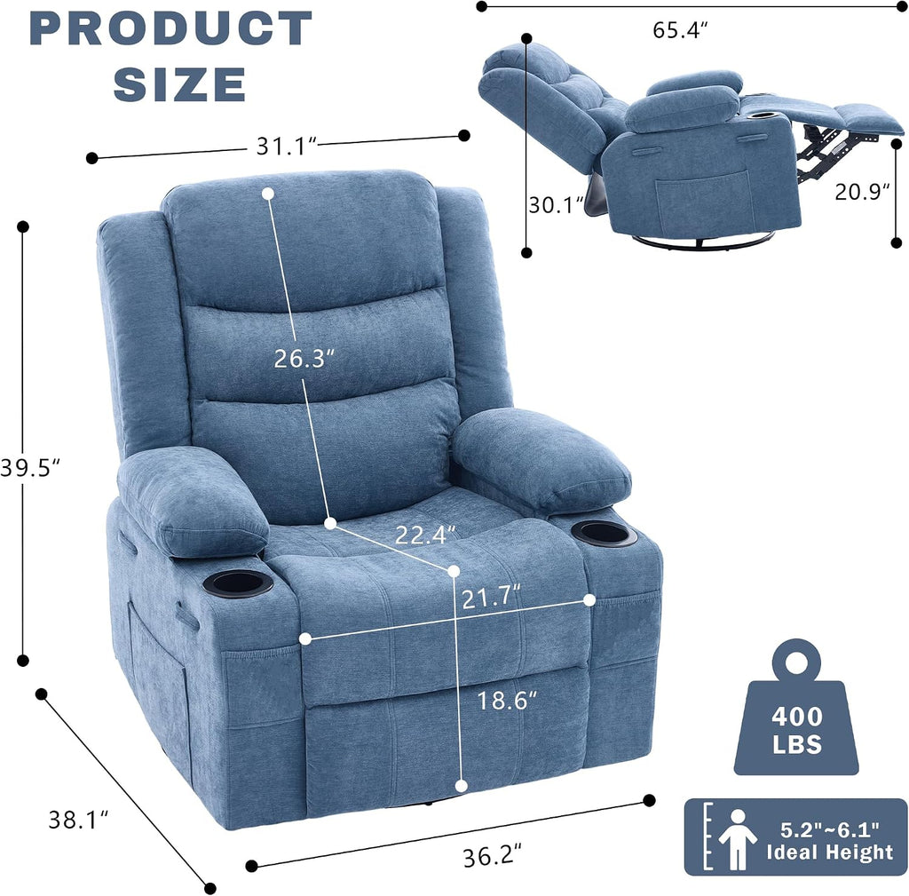 Swivel Rocker Recliner Chair, Manual Recliner Single Sofa with Cup Holders and Side Pocket, Chenille Fabric, Upholstered Nursery Rocking Chair for Living Room, Bedroom, Blue