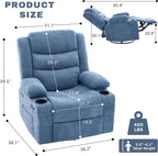 Swivel Rocker Recliner Chair, Manual Recliner Single Sofa with Cup Holders and Side Pocket, Chenille Fabric, Upholstered Nursery Rocking Chair for Living Room, Bedroom, Blue