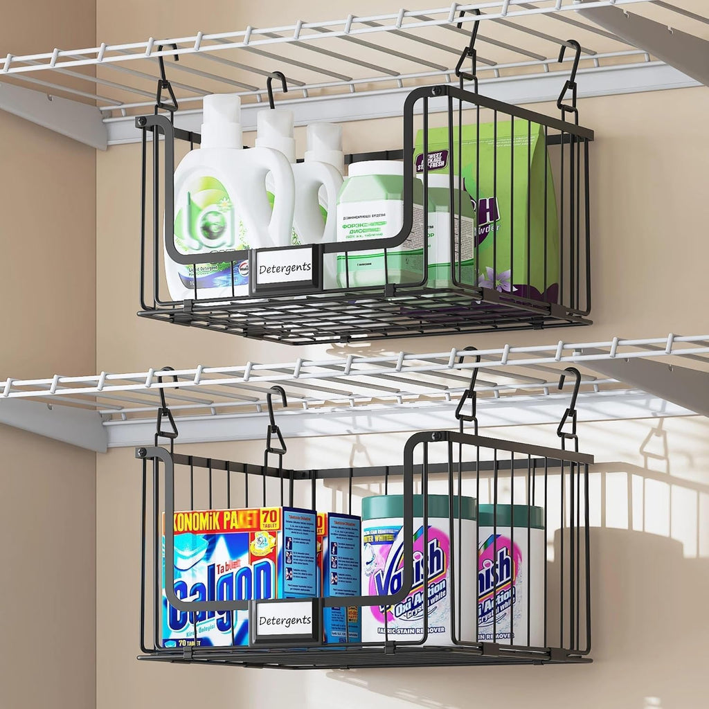 3-Pack Hanging Laundry Organizer, Stackable Wire Shelf Storage with Label Cards, Foldable Metal Baskets with 360 Rotating Hooks, Space-Saving for Laundry Room, Closet & Pantry, 11"15" Large, Black