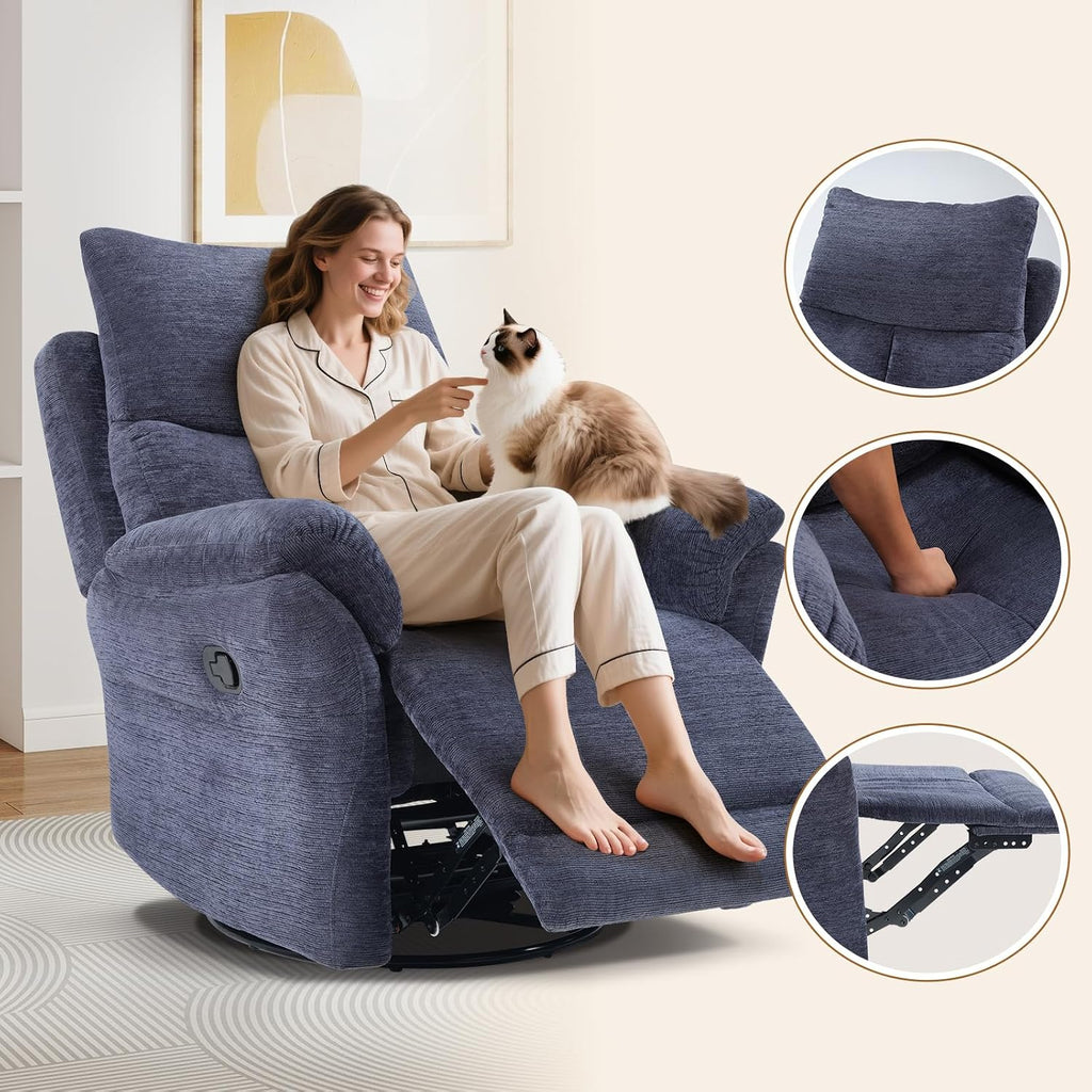 ANJ Swivel Rocker Recliner Chair Nursery Manual Glider Rocking Recliner Chairs for Adults, Fabric Rocking Chair Nursery, 360° Swivel Lazy Boy Recliner Chairs for Living Room, Slate Blue