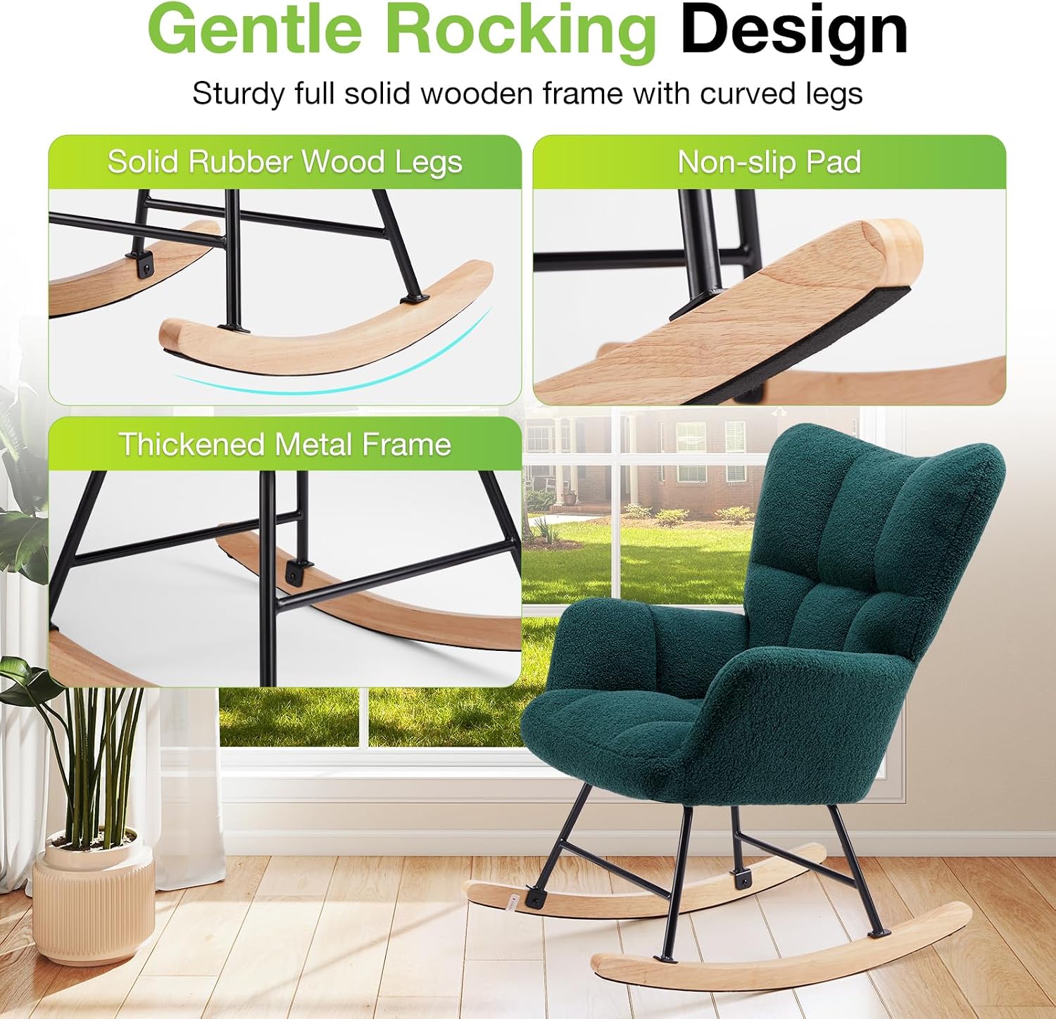 Rocking Chair Nursery Glider Recliner, Teddy Upholstered Nursing Chairs with Soft Seat Cushion Comfortable Armrests High Backrest for Bedroom Reading Living Room, Easy Assembly, Green