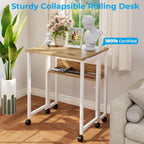 GreenForest Folding Desk with Wheels, 24.8 Inch Compact Rolling Computer Table with Storage Shelf, Portable Mobile Workstation for Small Spaces, Easy Assembly, Oak