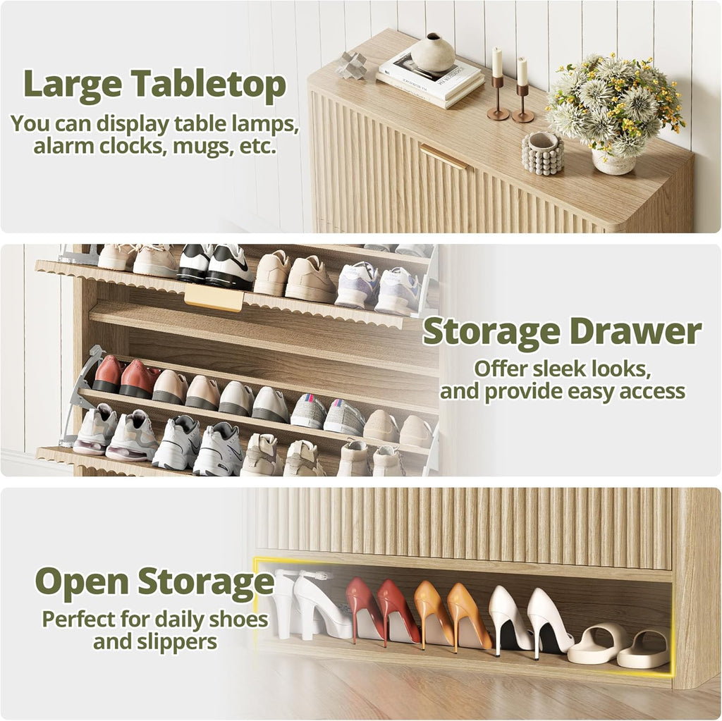 IRONCK Fluted Shoe Storage Cabinet for Entryway with 2 Flip Drawers, Adjustable Shelves & Open Shelf, Narrow Wood Shoe Rack Cabinet, Freestanding Slim Shoe Organizer Cabinet, Oak