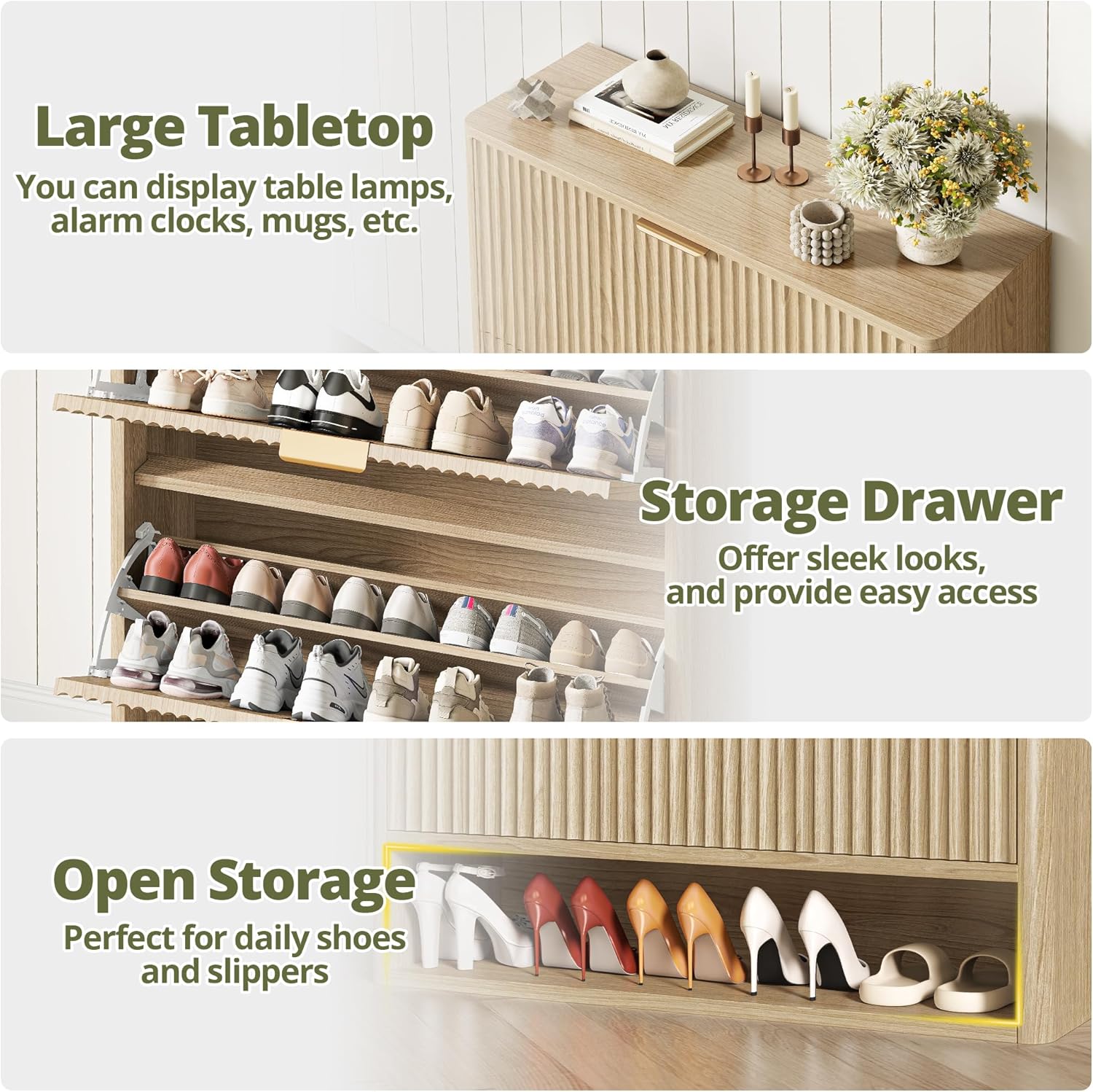 IRONCK Fluted Shoe Storage Cabinet for Entryway with 2 Flip Drawers, Adjustable Shelves & Open Shelf, Narrow Wood Shoe Rack Cabinet, Freestanding Slim Shoe Organizer Cabinet, Oak