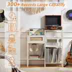 LELELINKY Record Player Stand, White Cream Oak Wood Record Holder with Vinyl Storage Holds up to 300+ Albums, 3-Tier Rattan Media Table with Vinyl Display Shelf, Record Storage Cabinet for Living Room