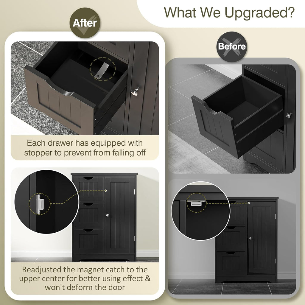 JupiterForce Wooden Bathroom Floor Storage Cabinet, Freestanding Storage Cabinet with 4 Drawers and 1 Door Entryway Storage Oragnizer Unit for Bathroom, Living Room (3 Drawers, Black)