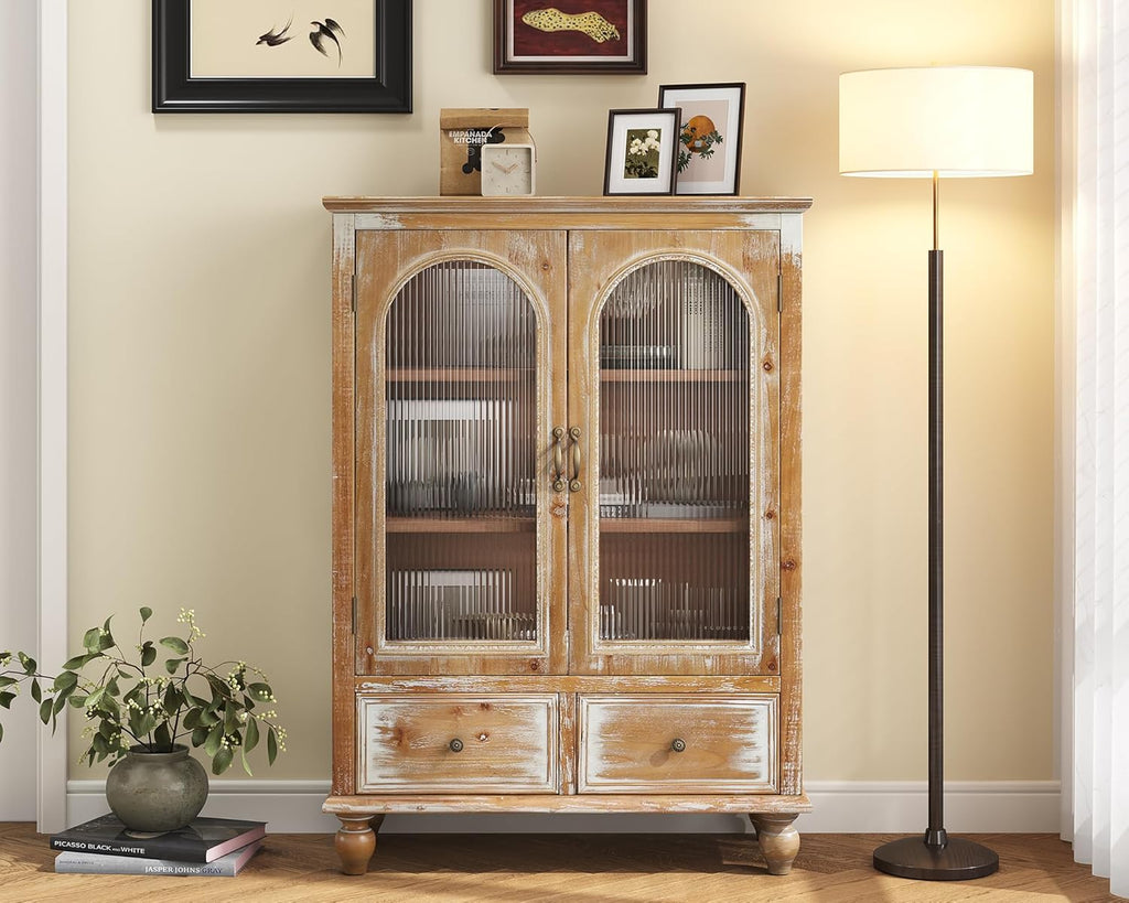 LKTART Solid Wood Storage Cabinet, Kitchen Sideboard Buffet Pantry Cabinet with Glass Doors & Drawers, Entryway Cabinet, Rustic Display Cabinet for Living Room,Natural Wood,48" Tall