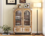 LKTART Solid Wood Storage Cabinet, Kitchen Sideboard Buffet Pantry Cabinet with Glass Doors & Drawers, Entryway Cabinet, Rustic Display Cabinet for Living Room,Natural Wood,48" Tall
