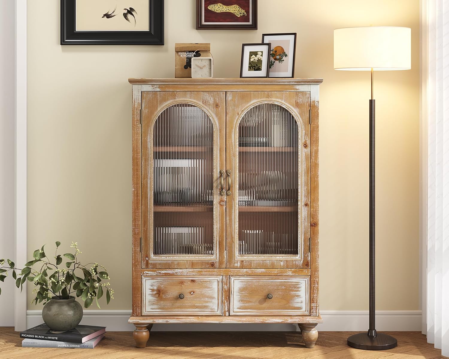 LKTART Solid Wood Storage Cabinet, Kitchen Sideboard Buffet Pantry Cabinet with Glass Doors & Drawers, Entryway Cabinet, Rustic Display Cabinet for Living Room,Natural Wood,48" Tall