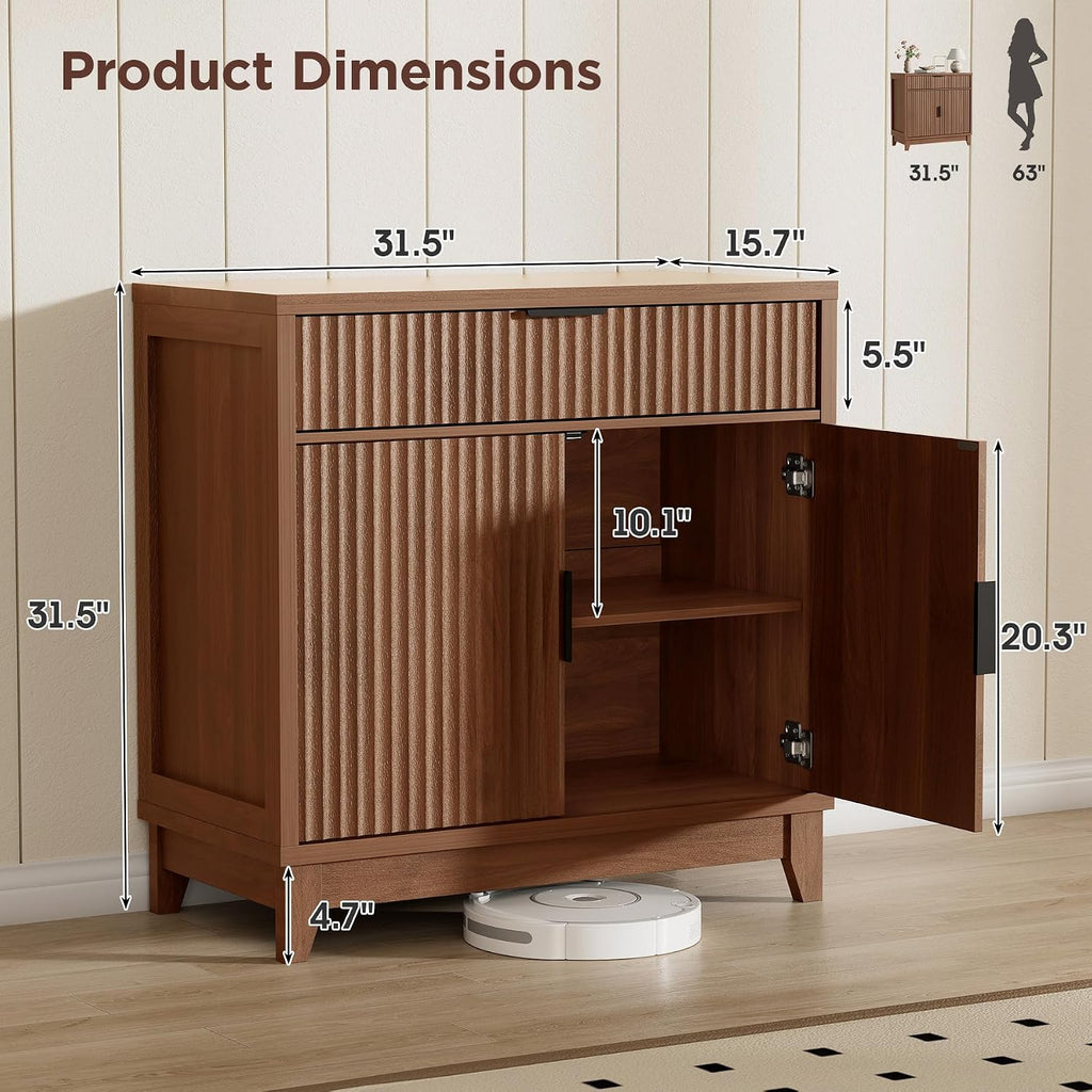 Vabches Fluted Sideboard Buffet Cabinet with Storage, 32" Coffee Bar Console Table with Drawer, Fluted Doors & Adjustable Shelf, Wood Small Buffet Cabinet for Living Room, Kitchen Dining Room, Brown