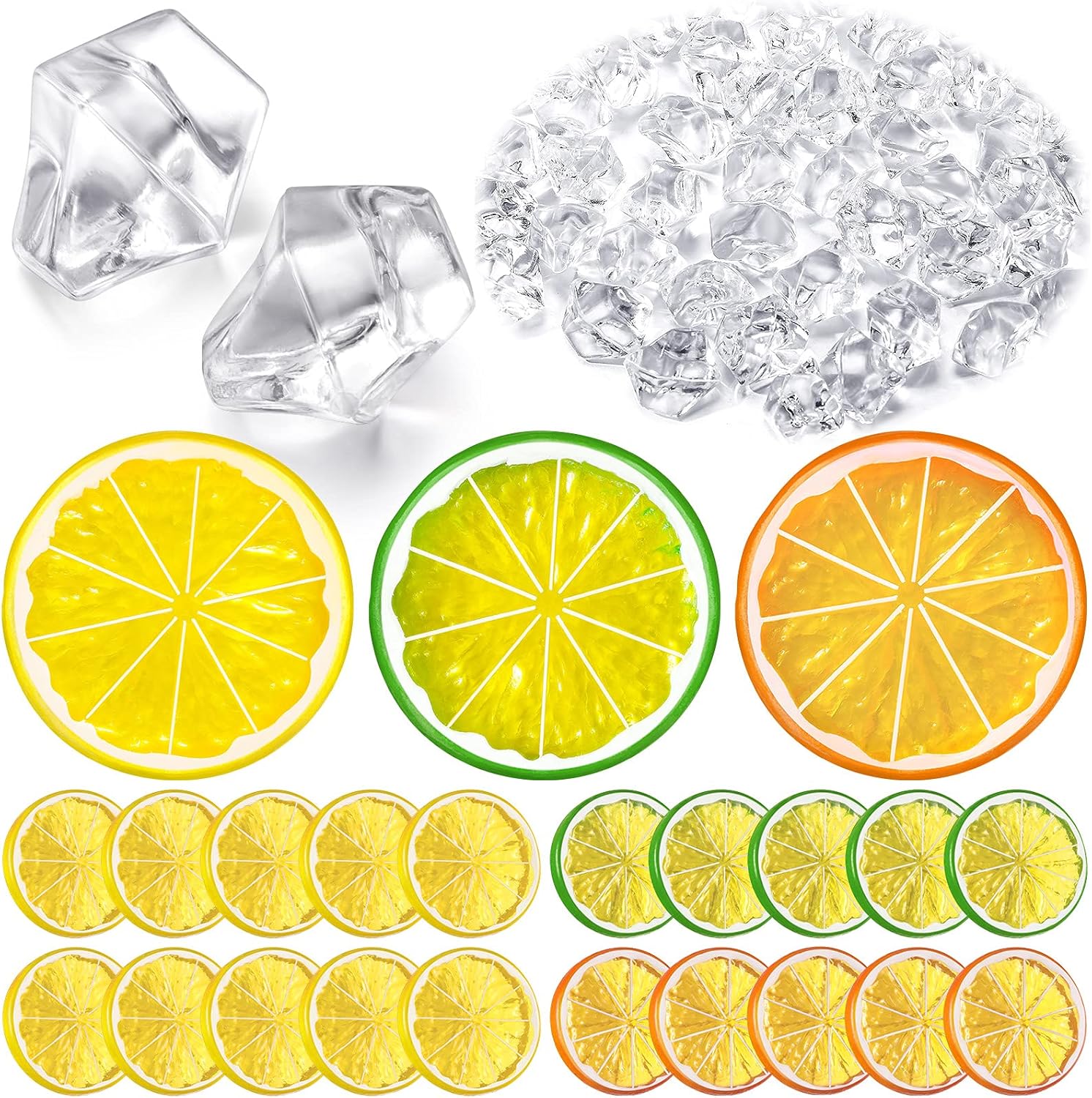 300 Pieces Clear Fake Crushed Ice Cubes Rocks and 20 Pieces Simulation Lemon Slices, Artificial Fruits and Acrylic Diamonds Clear Ice for Vase Fillers Table Centerpiece Decor Wedding (1.6 x 0.3 Inch)