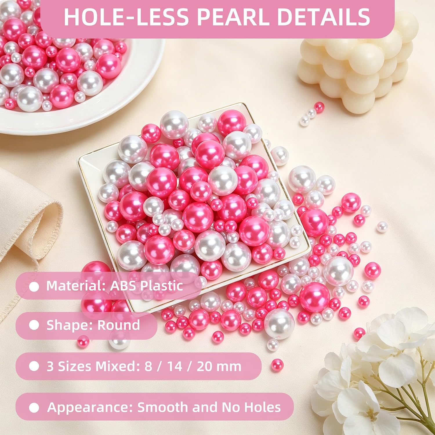 300PCS No Hole Pearls for Vase Filler Beads, 8/14/20 mm Floating Pearls for Centerpieces Vases, Pink White Faux Pearl Round Foating Beads for Crafts Wedding Party Decor DIY Candles Centerpiece