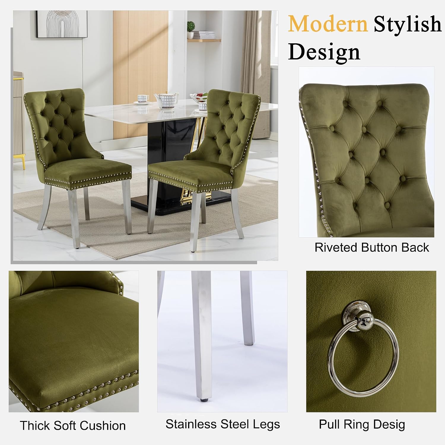 Round Glass Dining Table Set for 2, Small Kitchen Table Set for 2, 35" Round Glass Table and Olive Green Velvet Tufted Chairs Set of 2, 3 Piece Round Dining Room Table Set for Breakfast Dinette Cafe