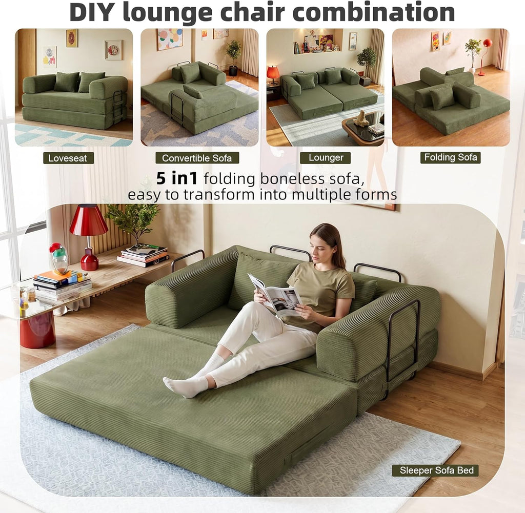 59in Convertible Sofa Bed, Corduroy Boneless Couch Bed, Futon Sleeper Sofa Pull Out Bed, Foldable Couch for Living Room Apartment, No Assembly Required