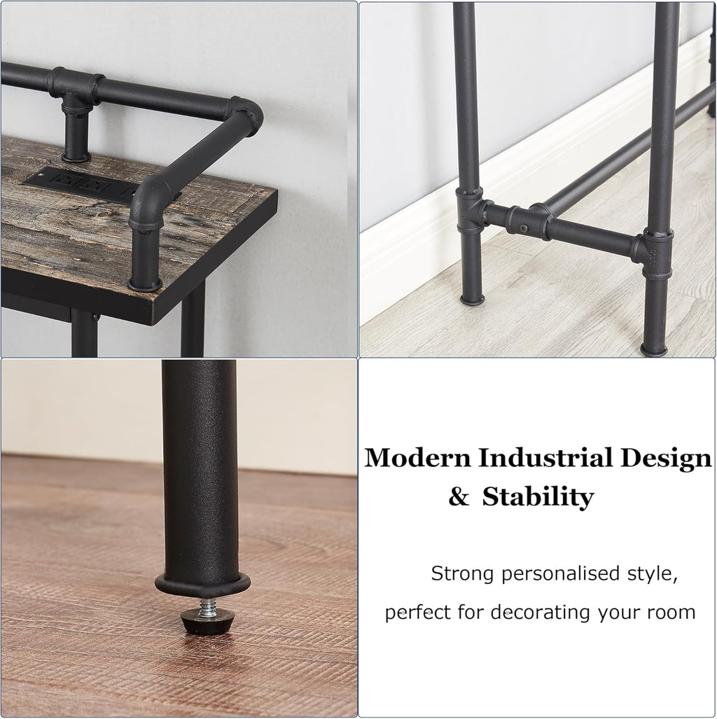 VECELO Narrow Sofa Table with Outlets & USB Ports, Industrial-Style Behind-Couch Table for Entryway, Hallway, Living Room, Bedroom, 55 Inch, Grey Oak