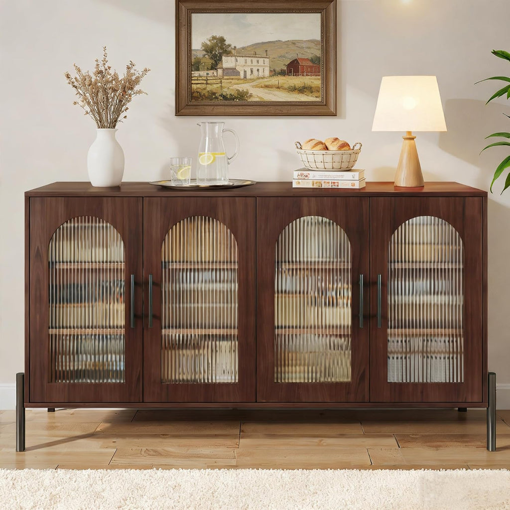HUAHUU 55" Buffet Cabinet with Storage, Large Sideboard Cabinet with Fluted Doors & Adjustable Shelves, Modern Kitchen Storage Cabinets for Living Room, Entryway, Walnut