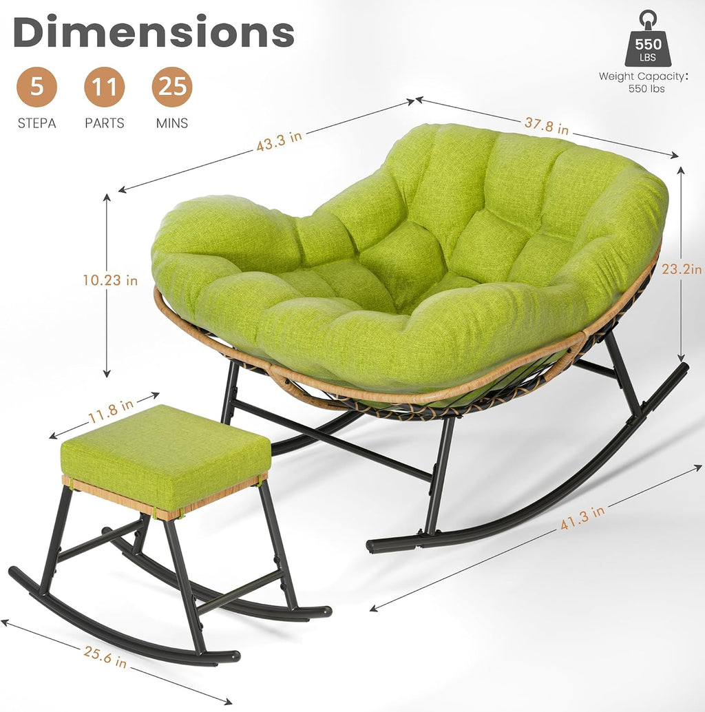 Easyego Oversized Papasan Rocking Chair with Ottoman for Indoor Outdoor Use, Comfortable Wicker Rocker with Cozy Thicken Cushion for Deck, Balcony, Poolside, Lawn, Bedroom, Living Room, Green