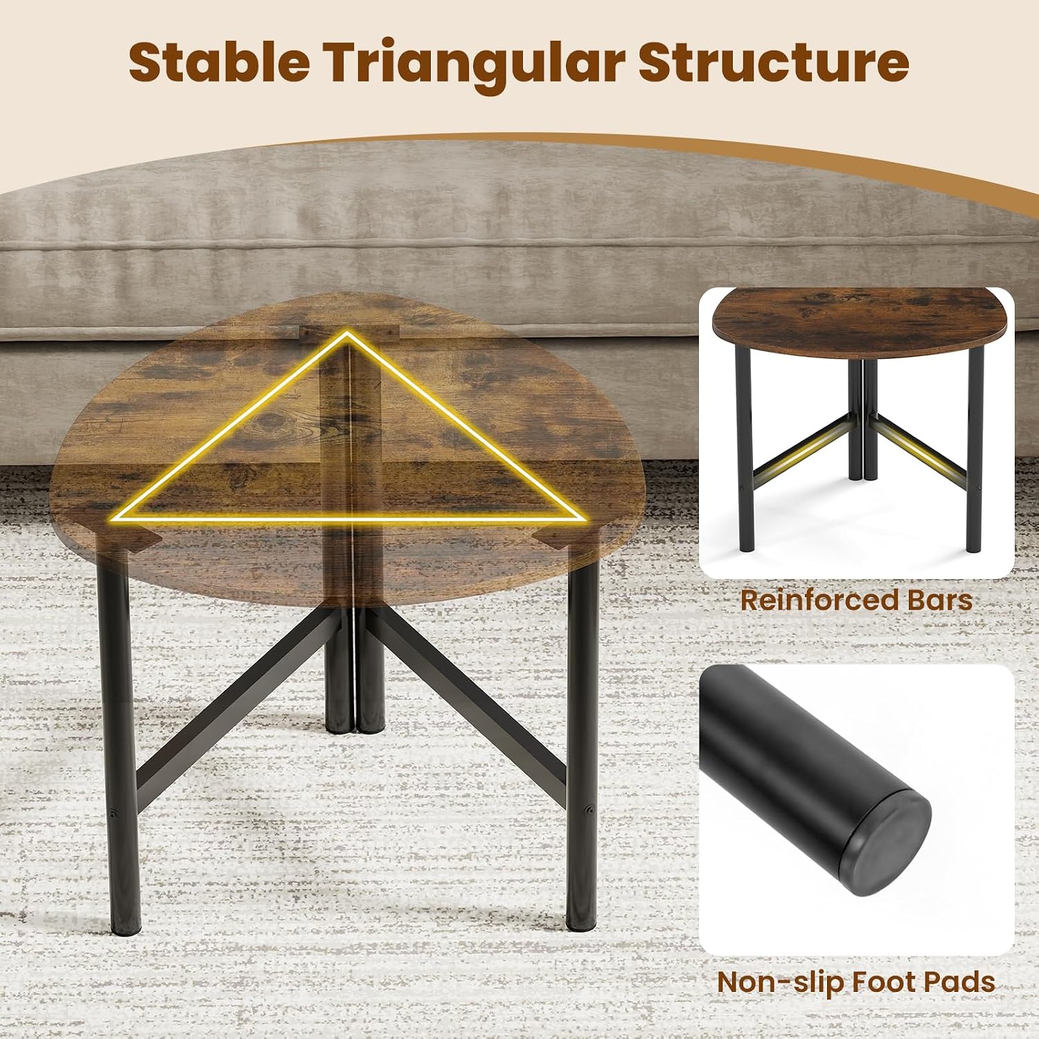 GOFLAME Triangular End Table, Modern Sofa Couch Side Table with Wood Faux Marble Top & Metal Legs, Small Coffee Tables for Small Spaces, Living Room, Nightstand for Bedroom (Rustic Brown & Black,1)