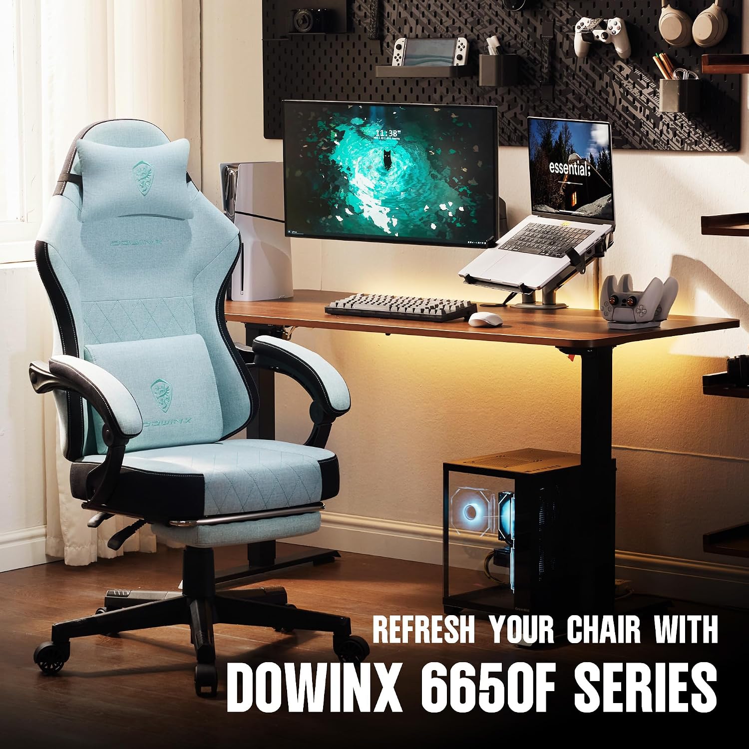 Dowinx Gaming Chair Fabric with Pocket Spring Cushion, High Back Ergonomic Computer Chair with Footrest for Adults, Massage Lumbar Support Swivel Game Chair for Office Gaming 300LBS, Cyan