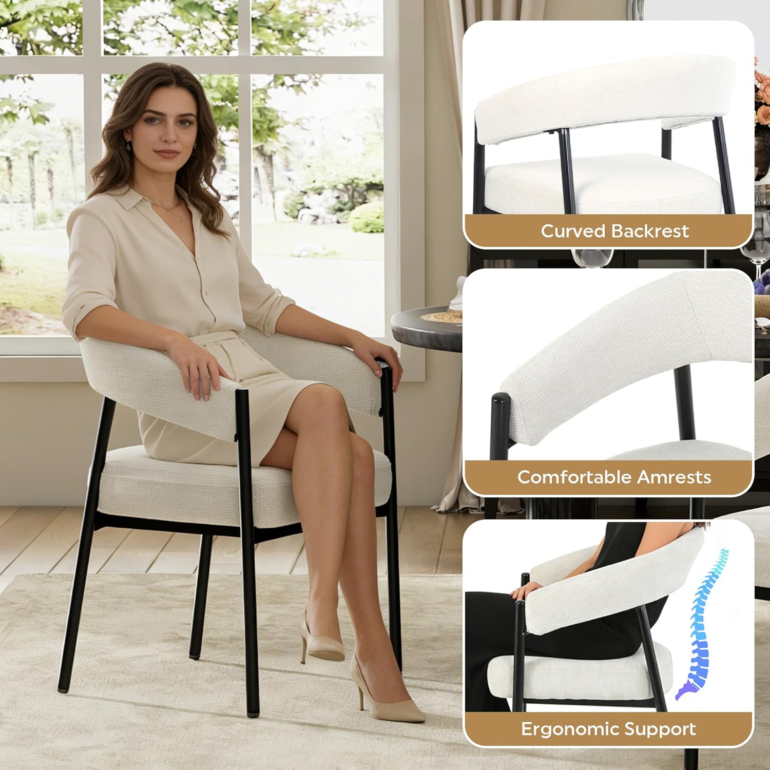 yeag Modern Dining Chairs Set of 2, Upholstered Barrel Dining Room Chairs with Curved Back, Farmhouse Accent Arm Kitchen Side Chairs with Metal Legs for Kitchen, Home, Apartment (Off White)