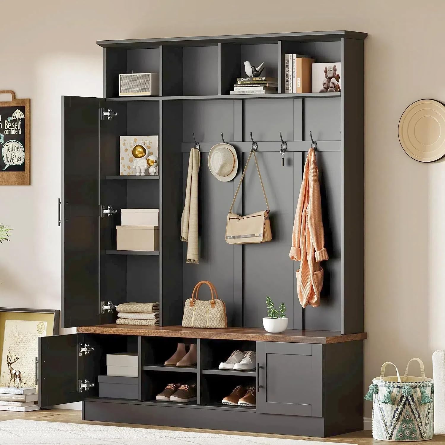 Merax Farmhouse Wood Hall Tree with Shoe Bench and 2 Drawers, 4-in-1 Coat Rack with 6 Hooks for Entrance, Hallway, Mudroom Black