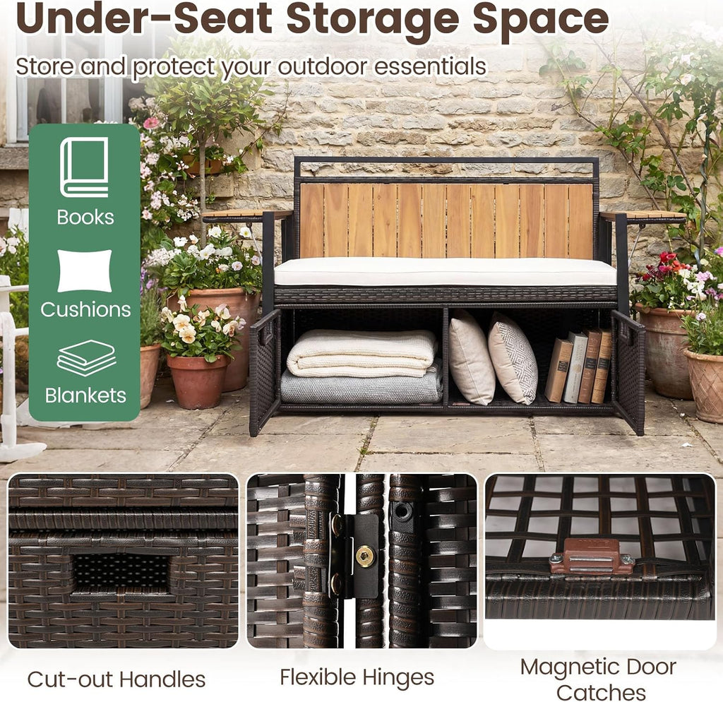 Outdoor Storage Bench, Outside Cushioned Loveseat Seating with Acacia Wood Backrest, 2 Folding Side Tables & 2 Doors, PE Rattan Deck Box for Patio Cushions, Garden Tools & Pool Supplies