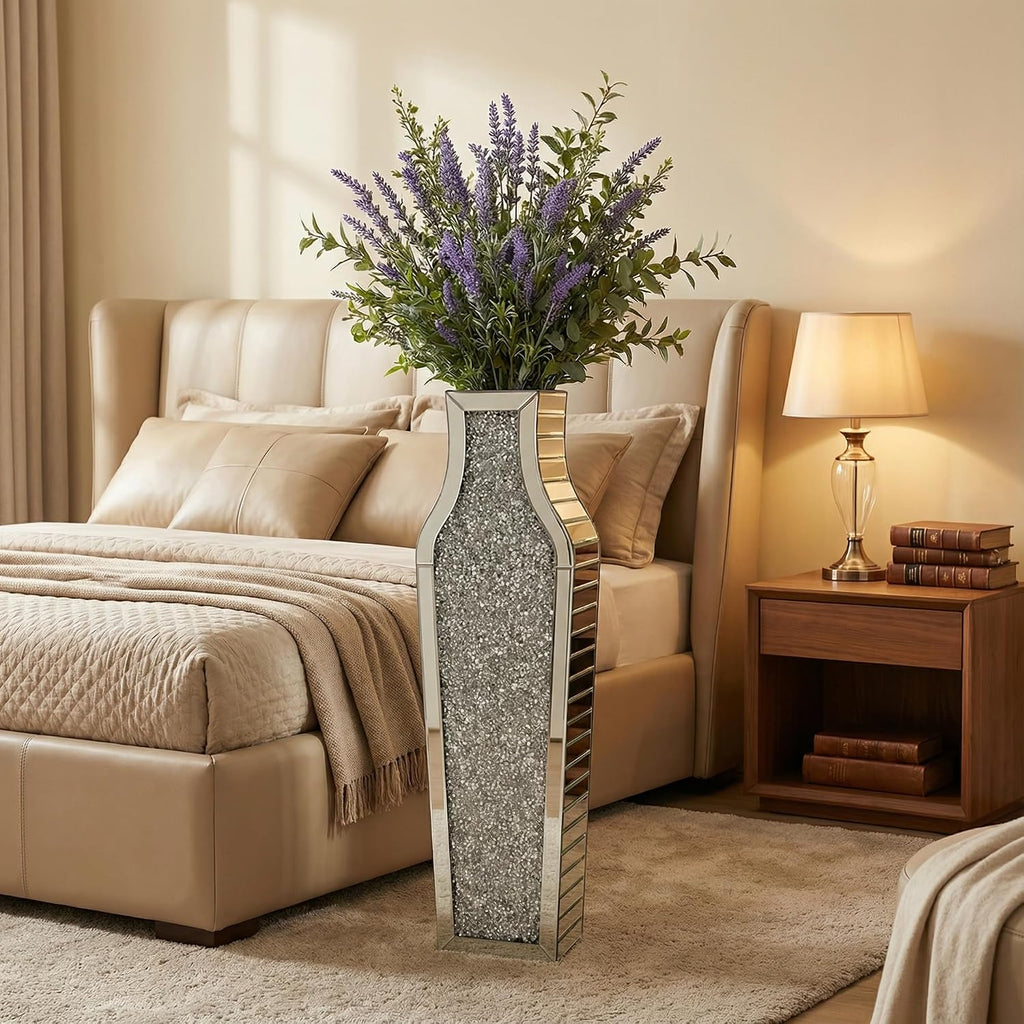 30" Large Double Sided Crushed Diamond Floor Vases,Tall Silver Mirrored Crystal Vase for Floor,Big Floor Vases Decorative Tall for Home,Office,Hotel(Silver,8.6" L x 5.3" W x 30" H)