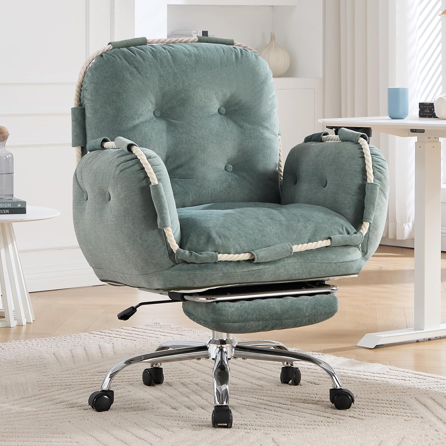 Criss Cross Office Chair with Foot Rest and Flip Armrests for Pets | Cross Legged Office Chairs for Women Reclining Desk Chair Comfy Vanity Chair with Back and Wheels for Home Office Green