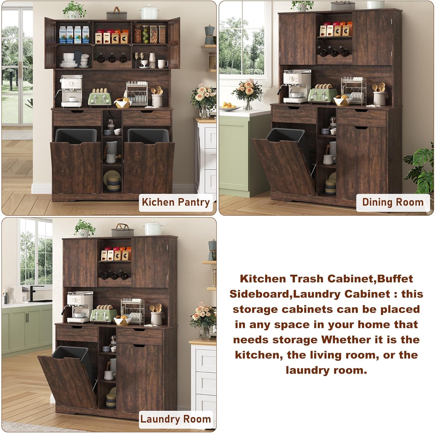 71"H Kitchen Pantry Storage Cabinet with Power Outlets and Two Drawers,10X2 Gallon Kitchen Hidden Double Tilt Out Trash Can Cabinet with Trash Bin Storage Holders,Laundry Hamper Cabinets(Brown)