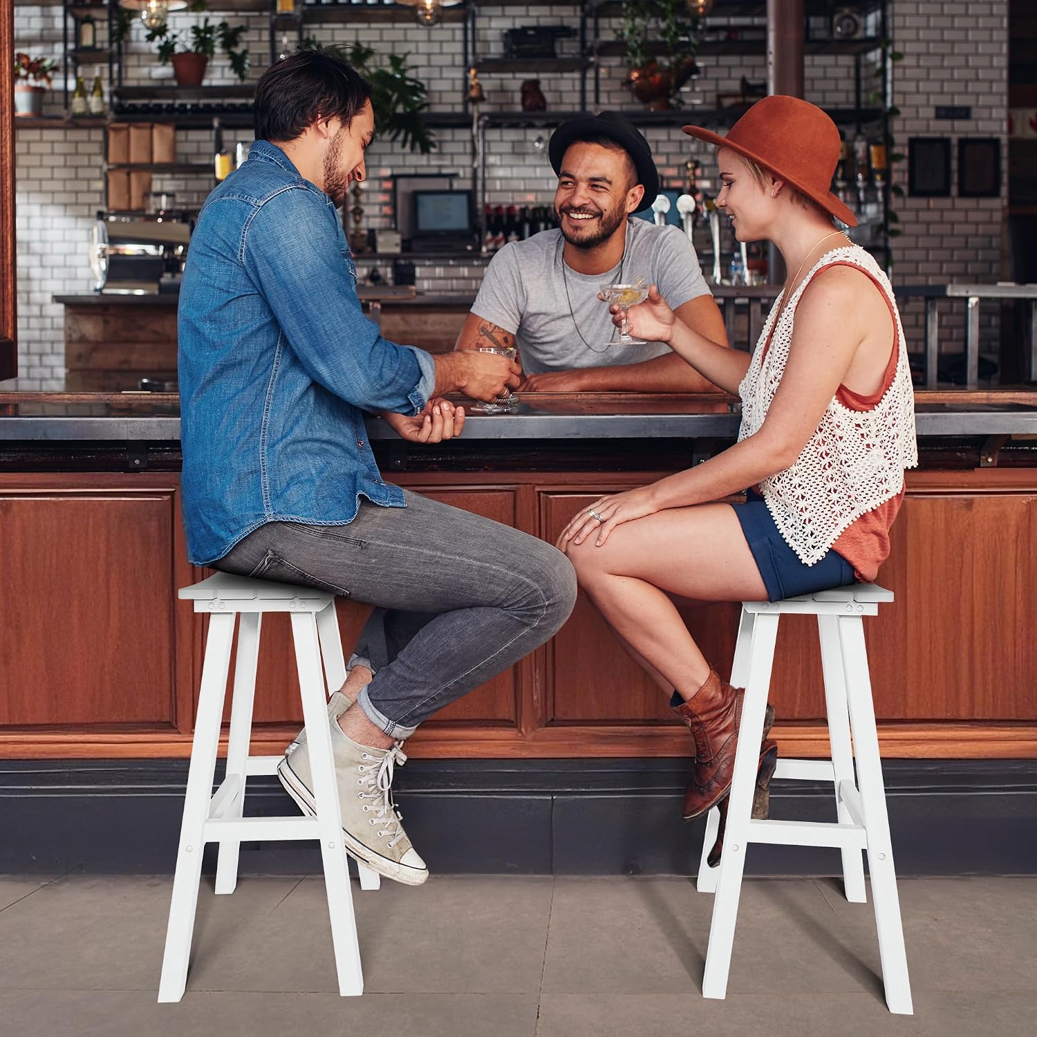 nalone 29 Inch Outdoor Bar Stools Set of 2, HDPE Bar Chairs with Footrest, Weather Resistant Barstools Outside Counter Height Stools for Patio Yard (White, 29'' Barstools Set of 2)
