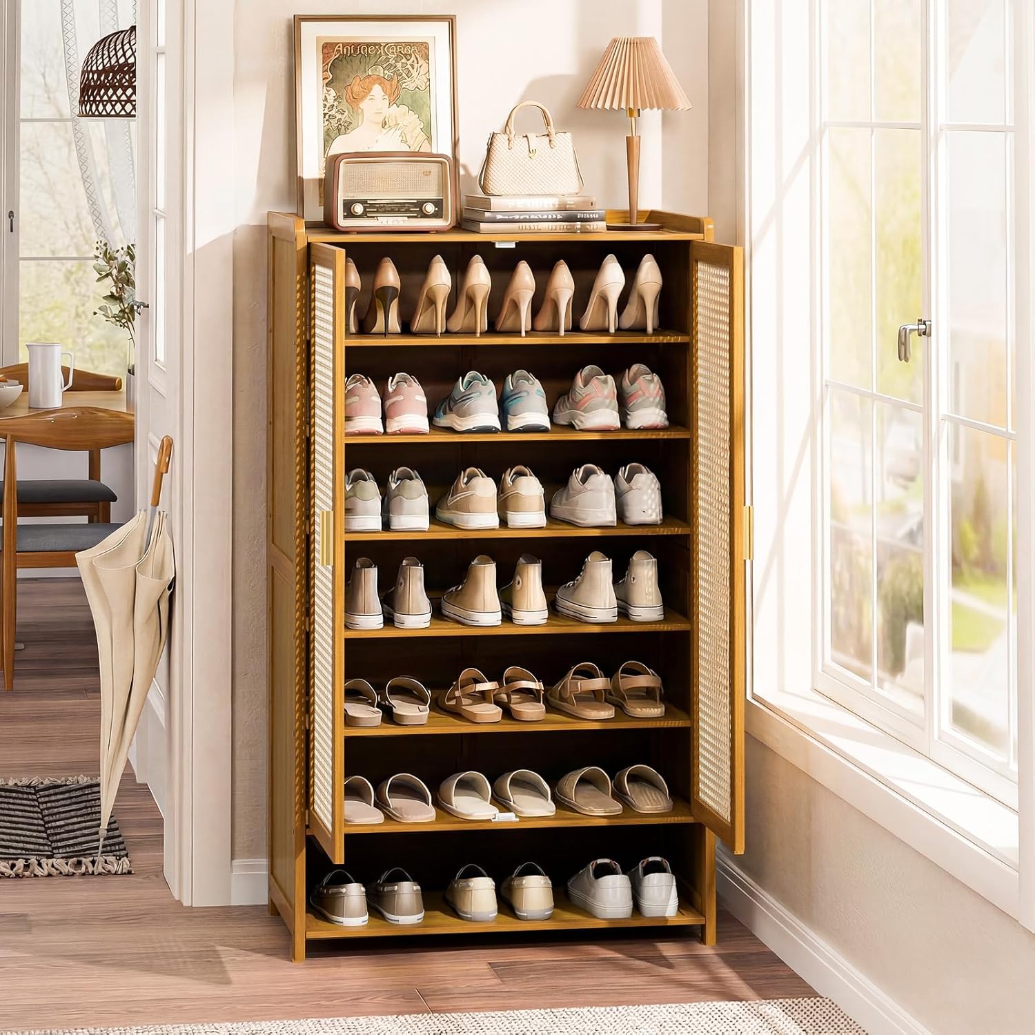 Shoe Cabinet with Doors, 7-Tier Bamboo Shoe Storage Cabinet for Entryway, Freestanding Shoe Rack Cabinet for Hallway Apartment, 43" Tall Modern Farmhouse Style, Holds 24 Pairs，Brown