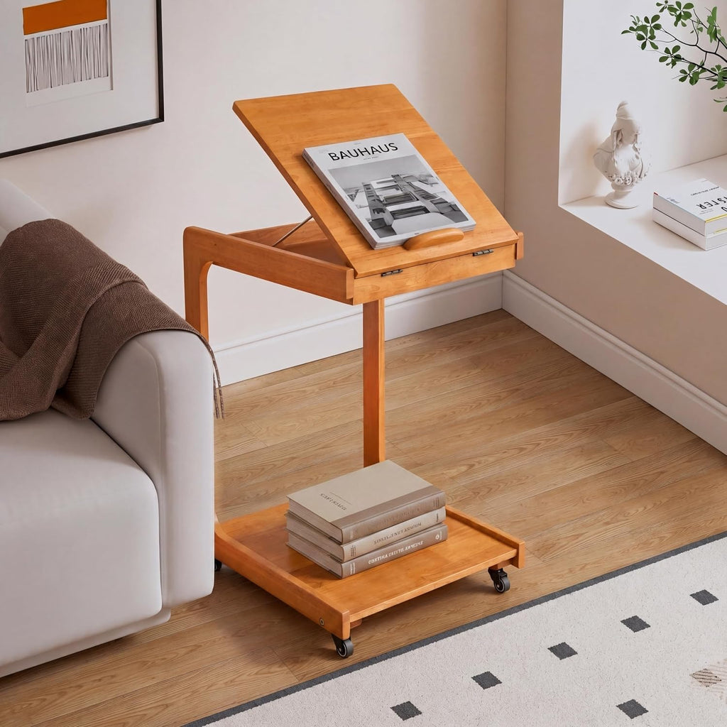 Solid Wood C Shaped End Table, Couch Table with Adjustable Desktop and 2 Lockable Wheels, Small Side Table with Storage, Multi-Functional Laptop Stand & Snack Table for Living Room, Bedroom