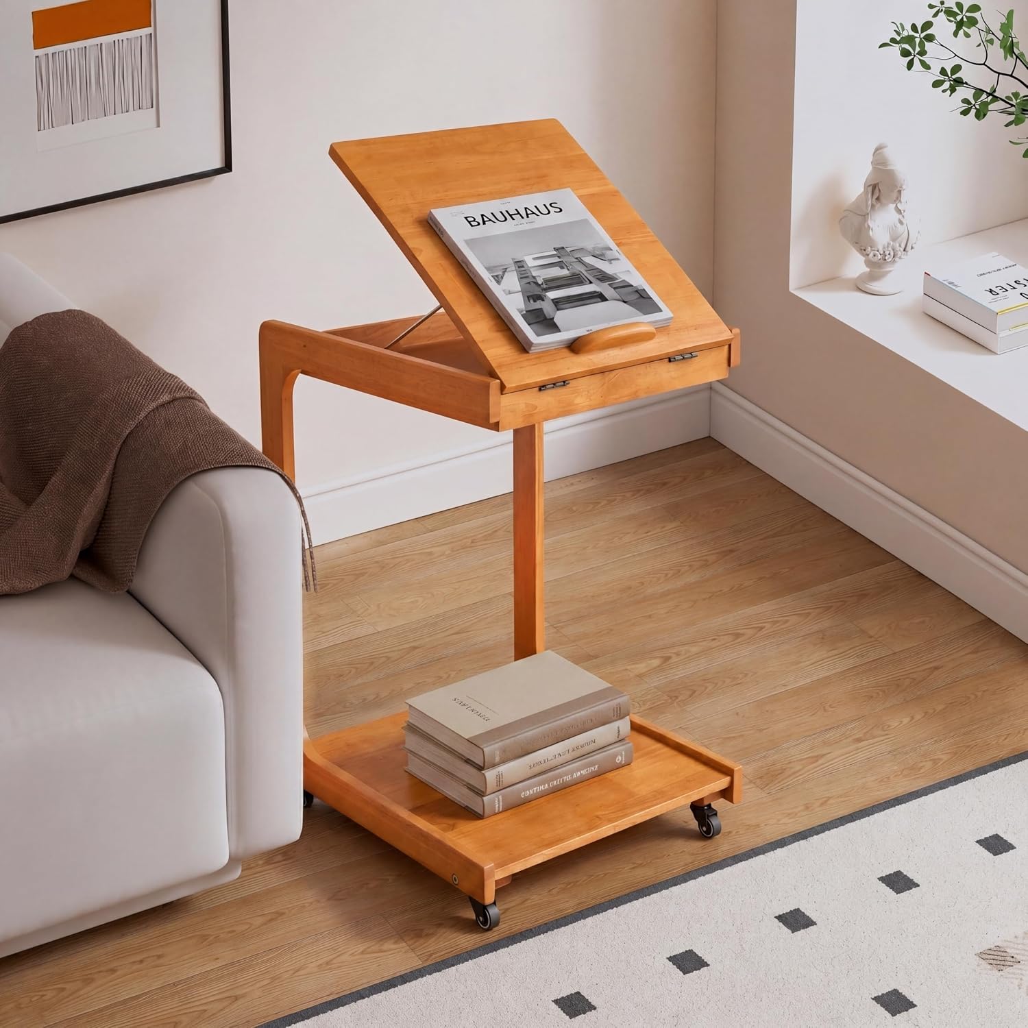 Solid Wood C Shaped End Table, Couch Table with Adjustable Desktop and 2 Lockable Wheels, Small Side Table with Storage, Multi-Functional Laptop Stand & Snack Table for Living Room, Bedroom