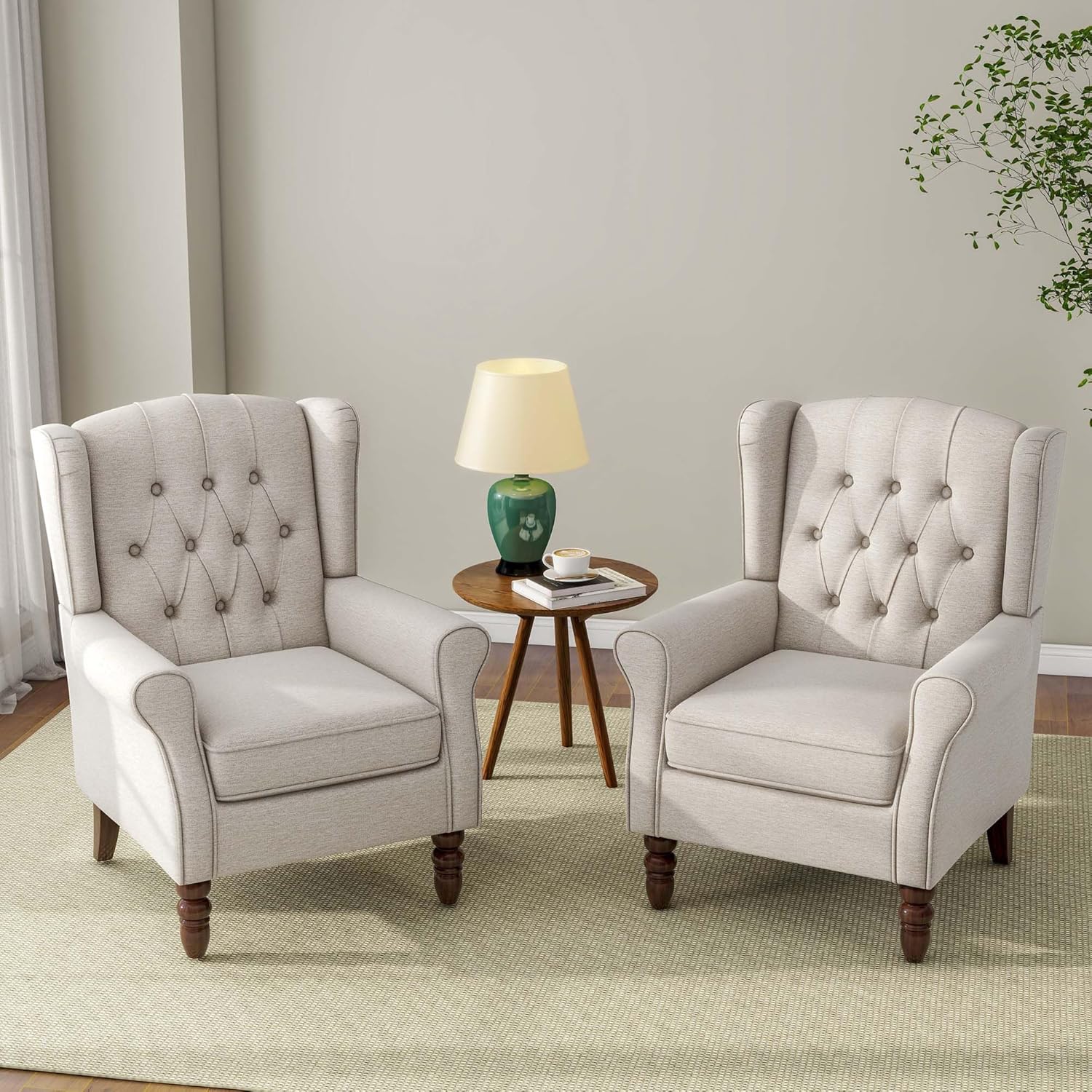 Accent Chair, Upholstered Armchair with Button Tufted High Back & Solid Wood Legs, Comfy Wingback Reading Single Sofa Chair for Small Spaces, Living Room, Bedroom