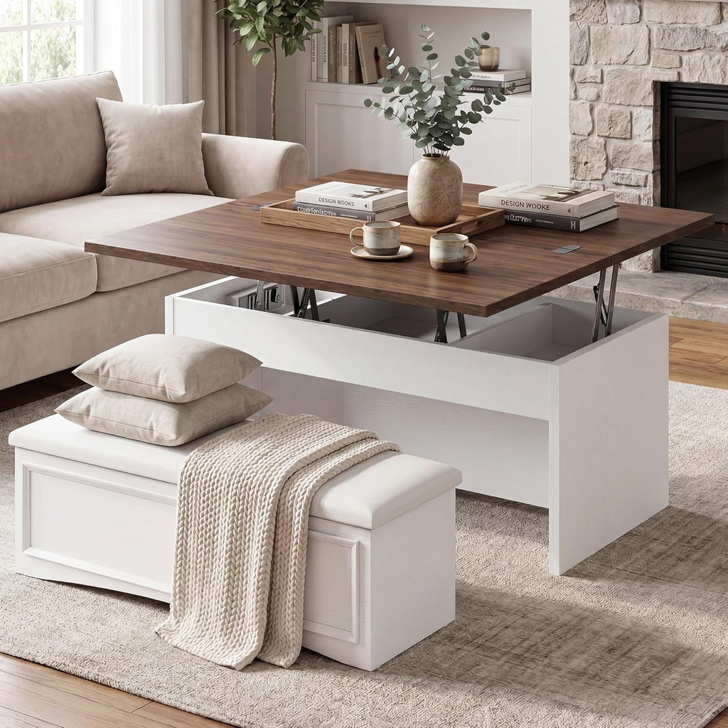 Lift Top Coffee Table Set with Storage Bench, 4-in-1 Convert Gaming/Reading/Dining Table, 40'' Multi-Function Coffe Tables with Hidden Compartment & Open Shelves, for Living Room, White Brown