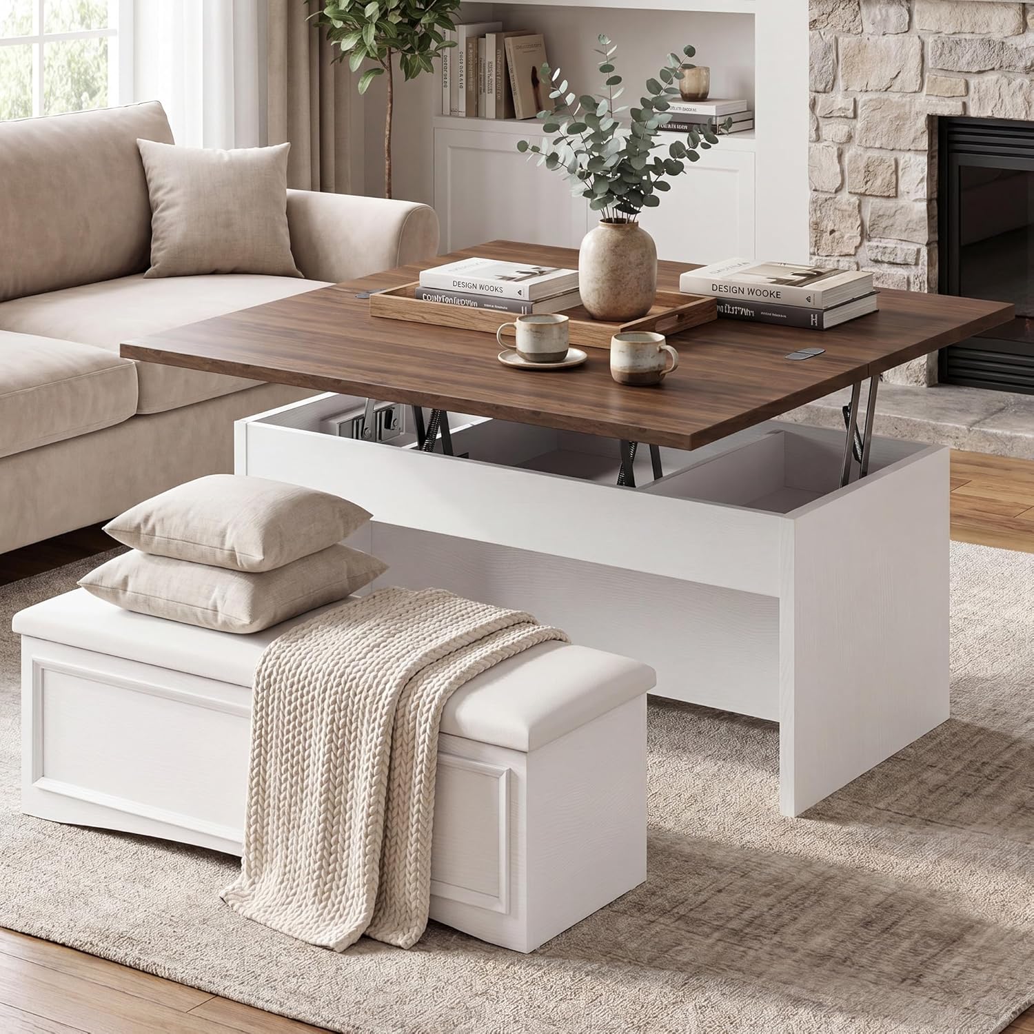 Lift Top Coffee Table Set with Storage Bench, 4-in-1 Convert Gaming/Reading/Dining Table, 40'' Multi-Function Coffe Tables with Hidden Compartment & Open Shelves, for Living Room, White Brown