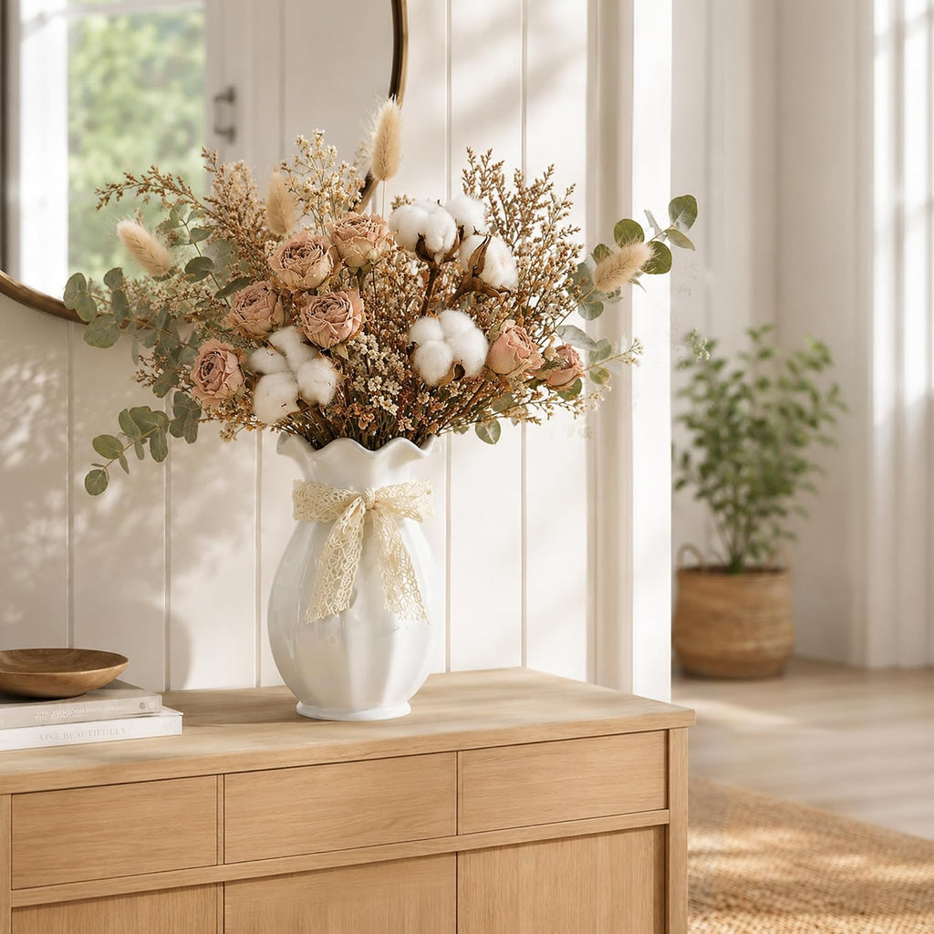 Ceramic Flower Vase with Bow Decor for Home Table Centerpieces White 7.5in | Farmhouse vase perfectly accents dining tables, living rooms, kitchens, bedrooms, bookshelves, coffee tables, and mantels.
