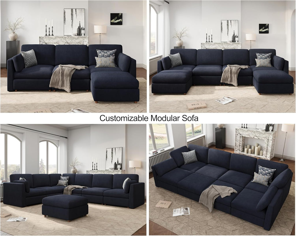 Oversized Modular Sectional Sofa, Blue 9 Seater Cloud U-Shaped Luxury Corner Sectional Couches for Living Room, Solid Wood Frame Sofa, Removable Washable Cover, Large chenille Deep Seat Couch