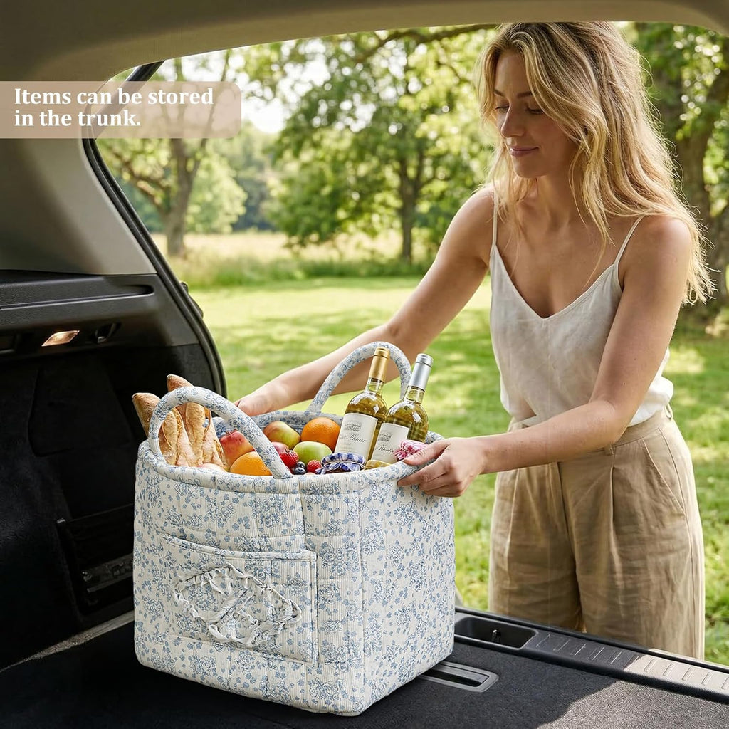 Floral Fabric Storage Basket Car Interior Storage Basket Underwear Sundries Laundry Baskets Supplies Home Organizer Bag (blue 3)