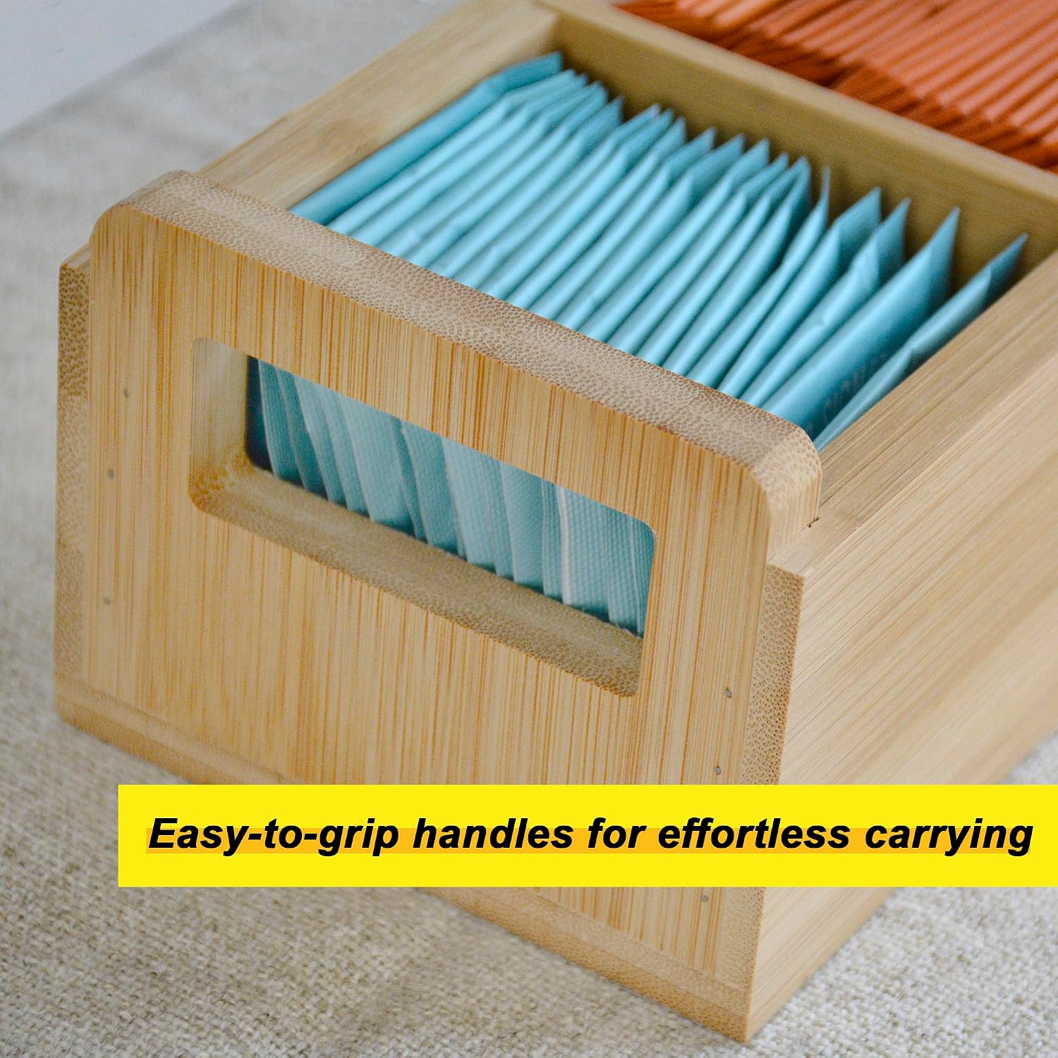 Bamboo Tea Organizer Box Chemical Free Eco-Friendly Big, Tall, Adjustable Cubbies Natural Wooden Storage Chest (3-Slot, Blank)