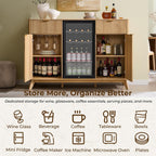 OKD 60" Fluted Coffee Bar Cabinet with Mini Fridge Space, Natural Oak | Mini Fridge Compatible, Built In Charging Station, 3 Stemware Racks, 2 Drawers, 2 Cabinets, Home Bar Cabinet Storage