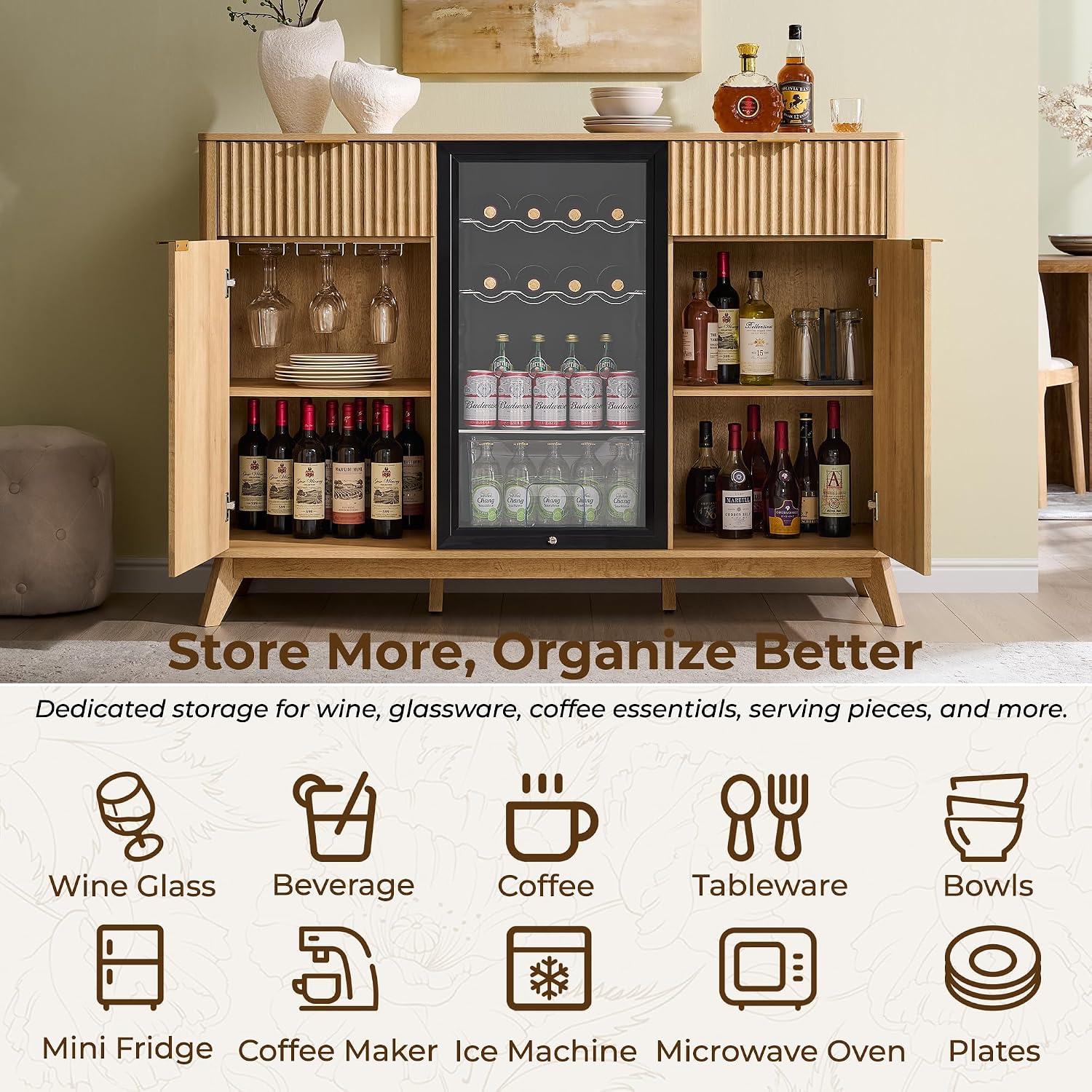 OKD 60" Fluted Coffee Bar Cabinet with Mini Fridge Space, Natural Oak | Mini Fridge Compatible, Built In Charging Station, 3 Stemware Racks, 2 Drawers, 2 Cabinets, Home Bar Cabinet Storage