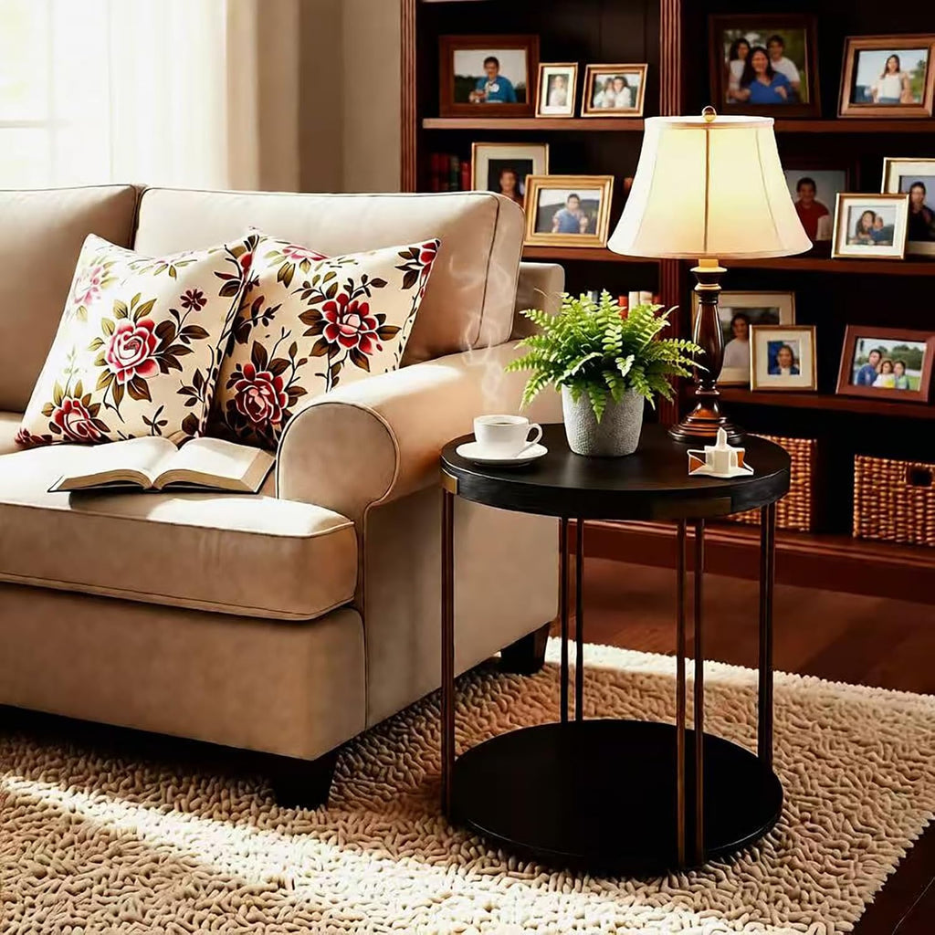 Modern Vintage Round End Table, 22” 2-Tier Sofa Side Table with Black Wood Top and Brass Metal Frame for Living Room, Bedroom