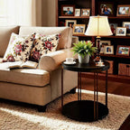 Modern Vintage Round End Table, 22” 2-Tier Sofa Side Table with Black Wood Top and Brass Metal Frame for Living Room, Bedroom
