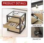 Bellemave 1 piece Small End Table with Drawer, Nightstand for Bedroom & Living Room, Wood MDF &Tempered Glass, Metal Frame, Industrial Style Side Table,Easy Assemble, Natural