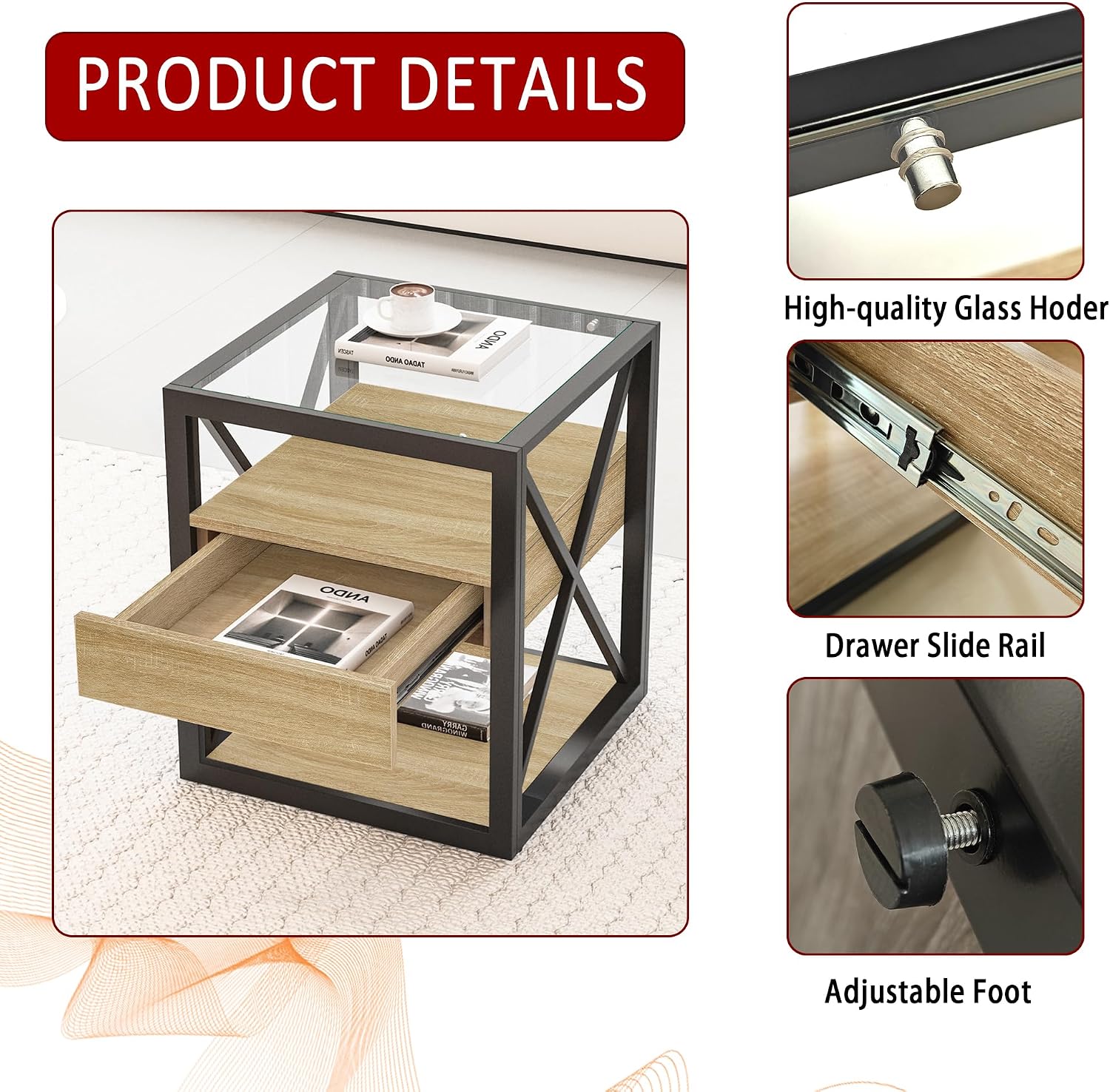 Bellemave 1 piece Small End Table with Drawer, Nightstand for Bedroom & Living Room, Wood MDF &Tempered Glass, Metal Frame, Industrial Style Side Table,Easy Assemble, Natural