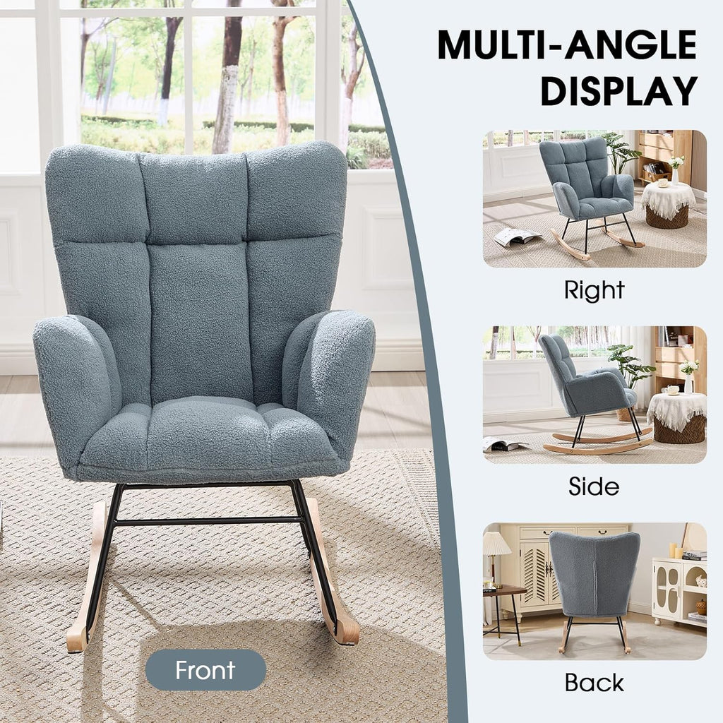 Nursery Rocking Chair, Teddy Upholstered Glider Chair with High Backrest, Tufted Rocker Glider Chair with Thick Cushion, Cozy Rocking Armchair, Rocker Padded Seat for Bedroom(Blue)